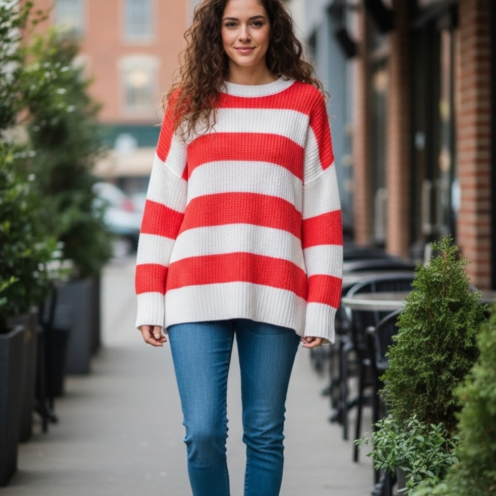 Arizona Jean Company Vibrant Red and Cream Striped Sweater